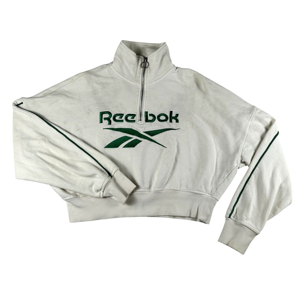 Reebok X Forever 21 Sweatshirt Womens Small White Green 1/4 Zip Cropped Logo